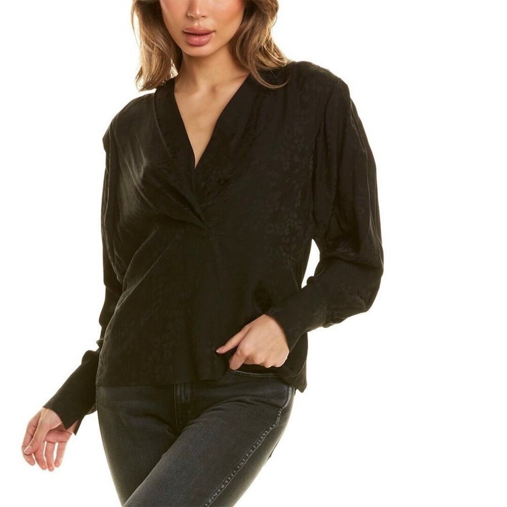 IRO Black Surplice Feminine Blouse Size 34 Satin Jacquard‎ Draped Plunge V New
